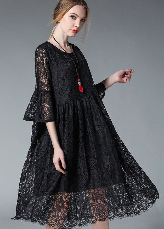 Black O-neck Hollow Out Lace Party Dress Flare Sleeve