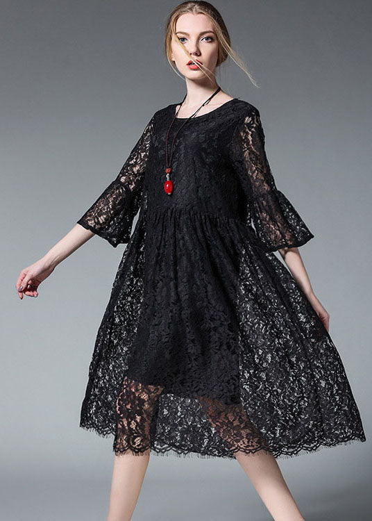 Black O-neck Hollow Out Lace Party Dress Flare Sleeve