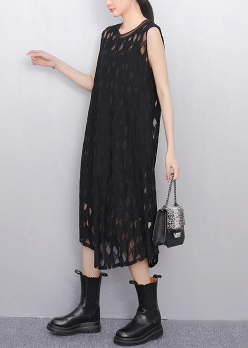 Black O Neck Hollow Out Tulle Long Dresses Sleeveless