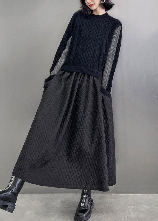 Black O-neck Patchwork Knit Maxi Dresses Winter