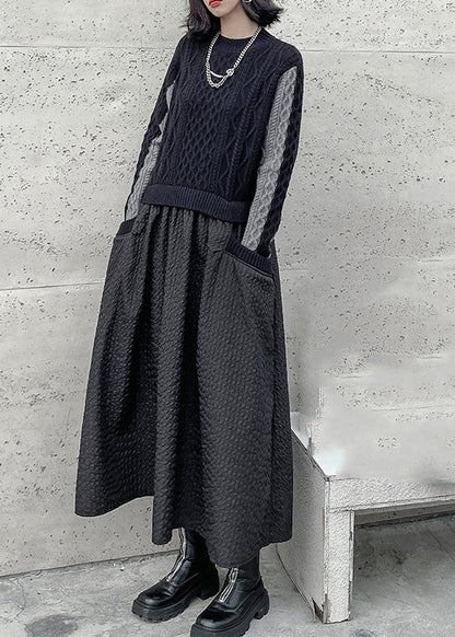 Black O-neck Patchwork Knit Maxi Dresses Winter