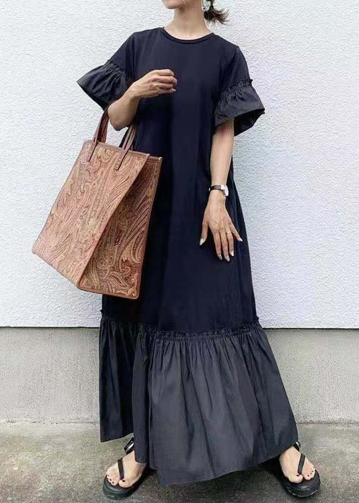 Black O-neck Patchwork Ruffles Cotton Maxi Dresses Puff Sleeve