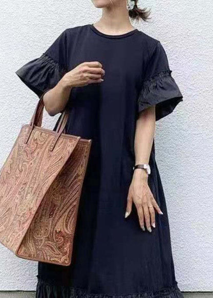Black O-neck Patchwork Ruffles Cotton Maxi Dresses Puff Sleeve