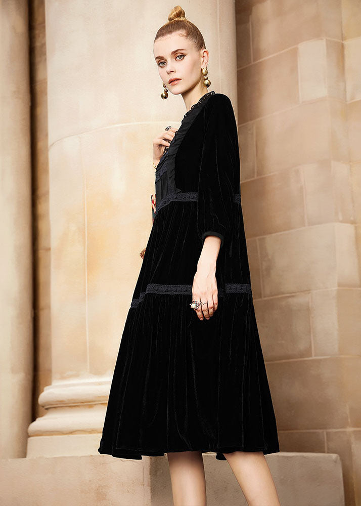 Black O-neck Patchwork Silk Velour Holiday Maxi Dress Fall