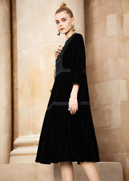 Black O-neck Patchwork Silk Velour Holiday Maxi Dress Fall
