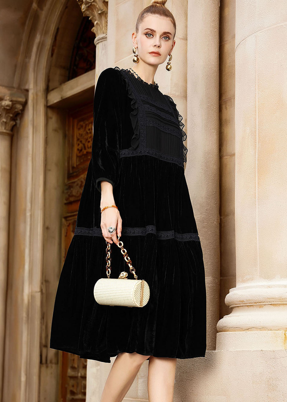 Black O-neck Patchwork Silk Velour Holiday Maxi Dress Fall