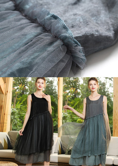 Black O-neck Patchwork Tulle Long Dresses Sleeveless