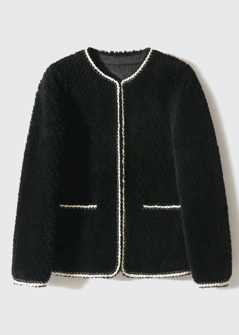 Black O Neck Pockets Patchwork Wool Coat Winter