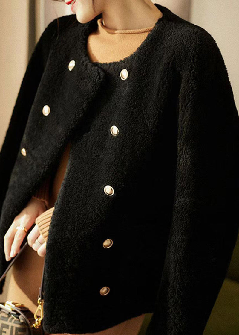 Black O Neck Pockets Patchwork Wool Coats Winter