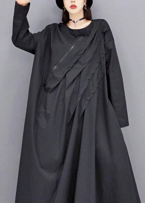 Black O-neck Pockets Robe Dresses Fall Long Sleeve