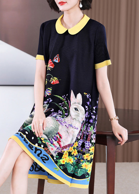 Black O-neck Print Long a Line Dress Short Sleeve
