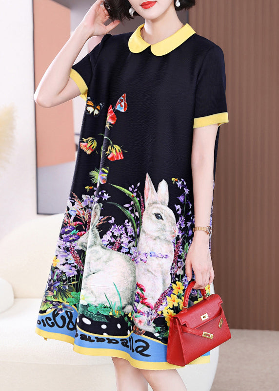 Black O-neck Print Long a Line Dress Short Sleeve