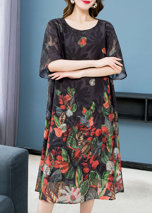 Black O Neck Print Patchwork Chiffon Mid Dress Summer