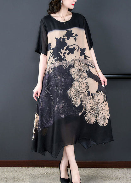 Black O Neck Print Patchwork Silk Long Dresses Summer