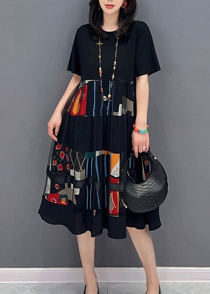 Black O-neck Print Patchwork Tulle Long Dress Short Sleeve