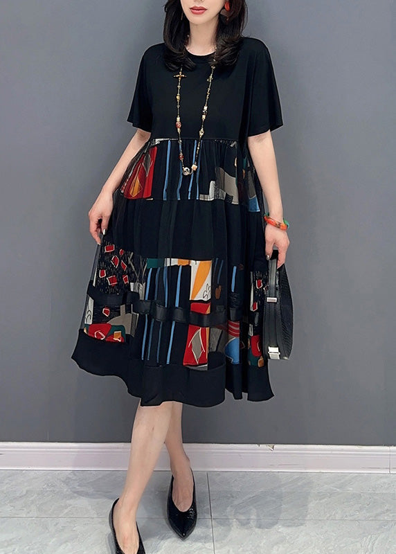 Black O-neck Print Patchwork Tulle Long Dress Short Sleeve