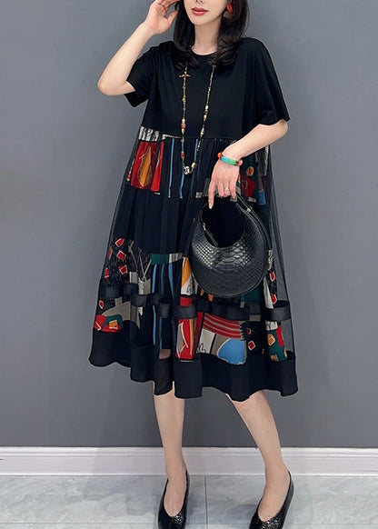 Black O-neck Print Patchwork Tulle Long Dress Short Sleeve