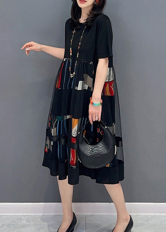 Black O-neck Print Patchwork Tulle Long Dress Short Sleeve