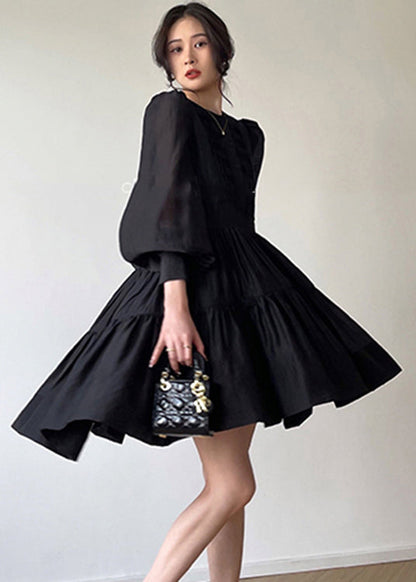Black O-neck Print Silk Mid Dress Long Sleeve