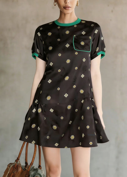 Black O Neck Print Wrinkled Silk Mid Dress Summer