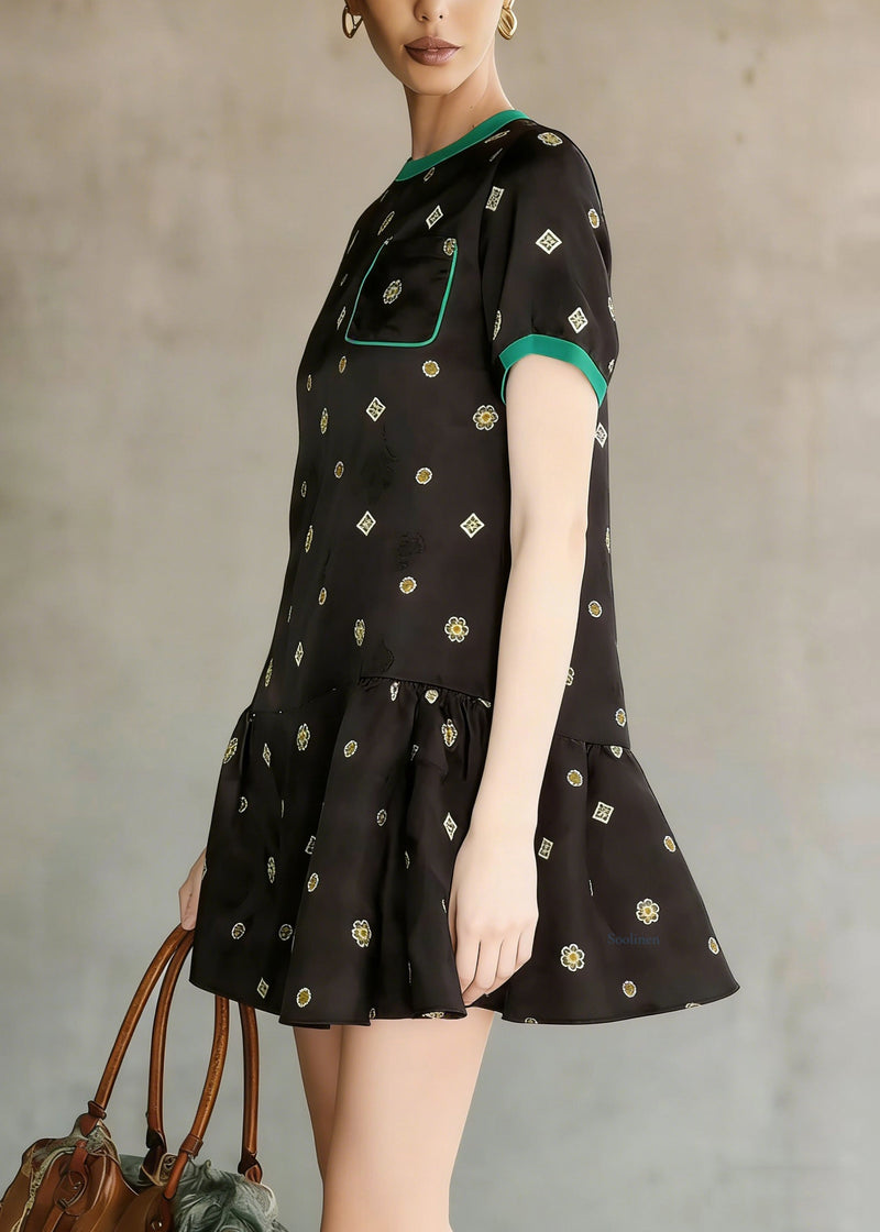 Black O Neck Print Wrinkled Silk Mid Dress Summer