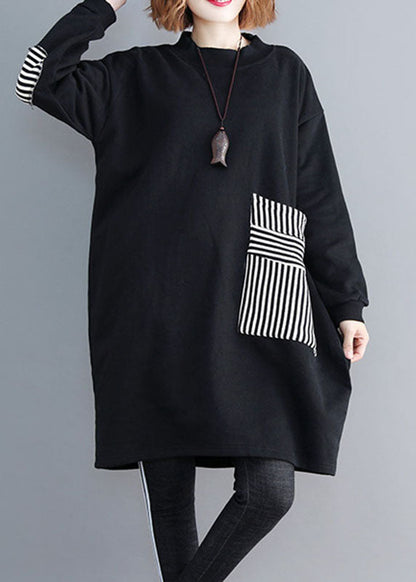 Black O-neck Striped Patchwork Mid Dress Long Sleeve