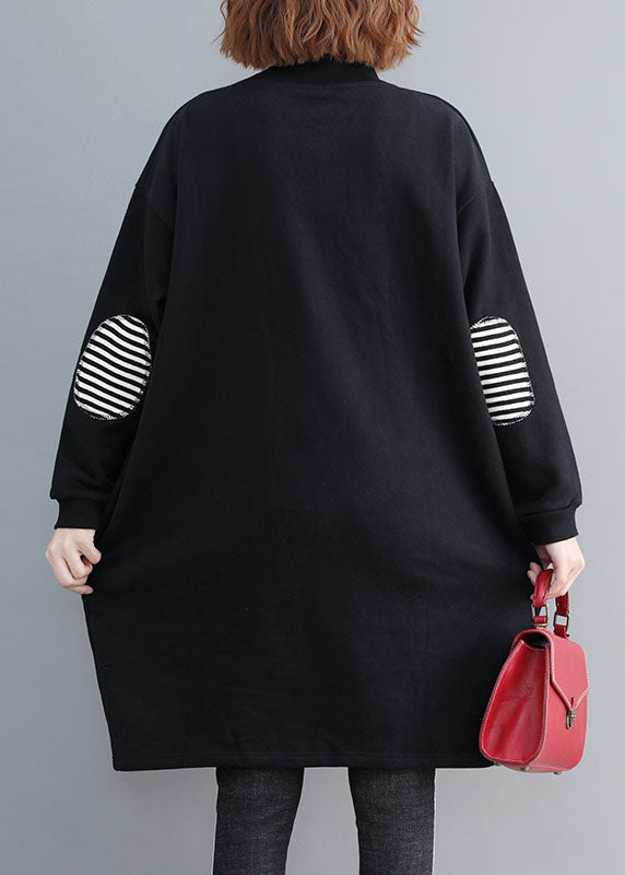 Black O-neck Striped Patchwork Mid Dress Long Sleeve