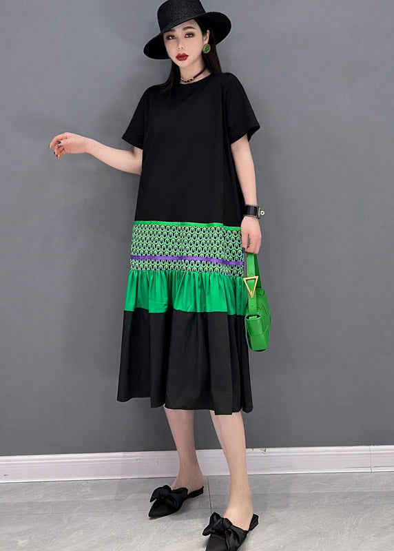 Black O-neck T Shirt Patchwork Fishtail Dress Short Sleeve