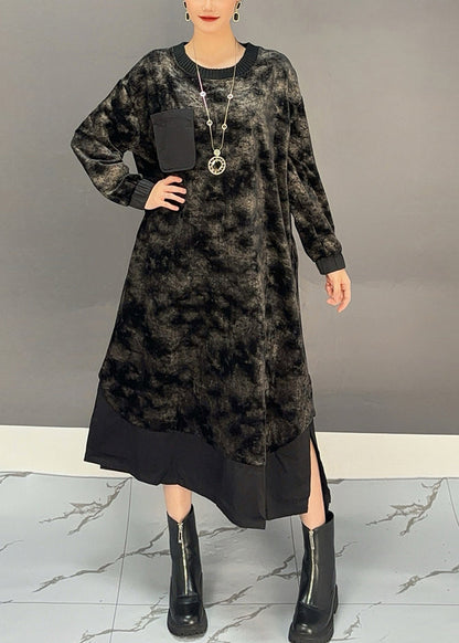 Black O-neck Tie Dye Side Open Silk Velvet Maxi Dress Winter