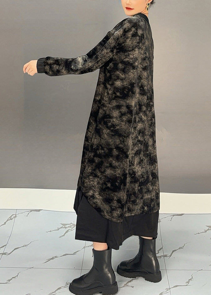 Black O-neck Tie Dye Side Open Silk Velvet Maxi Dress Winter