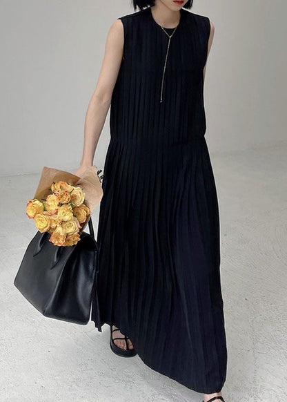 Black O-neck Wrinkled Chiffon Long Dress Summer