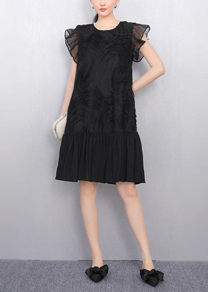 Black O Neck Wrinkled Tulle Patchwork Dress Summer