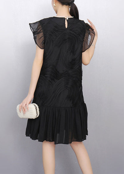 Black O Neck Wrinkled Tulle Patchwork Dress Summer