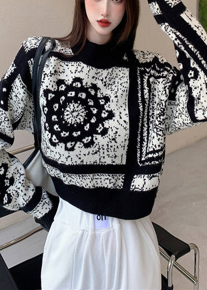 Black Oversized Jacquard Knit Short Sweater Spring