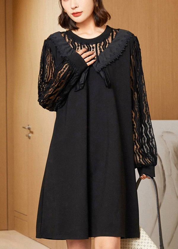 Black Oversized Lace Patchwork Hollow Out Spandex Dress Spring