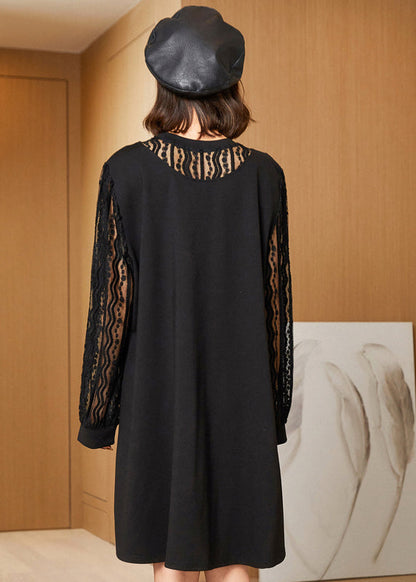 Black Oversized Lace Patchwork Hollow Out Spandex Dress Spring