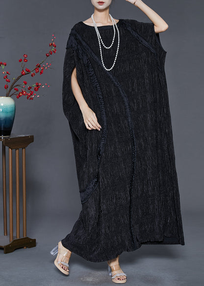 Black Oversized Patchwork Cotton Long Dress Batwing Sleeve