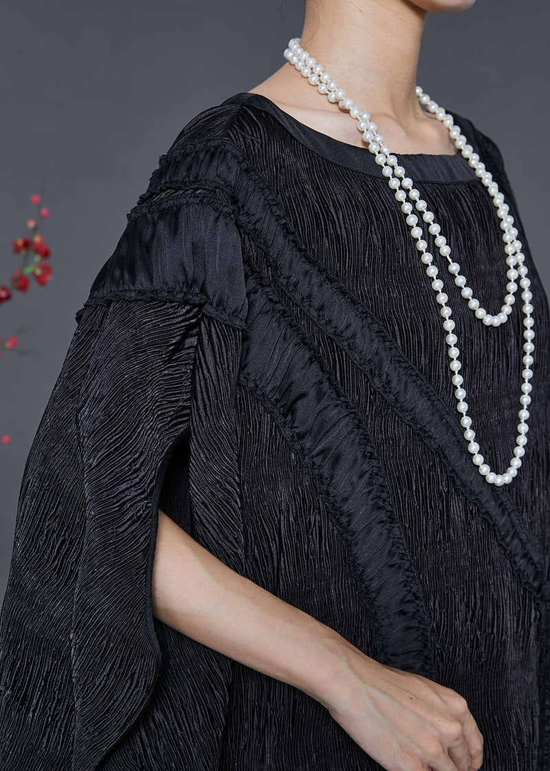 Black Oversized Patchwork Cotton Long Dress Batwing Sleeve