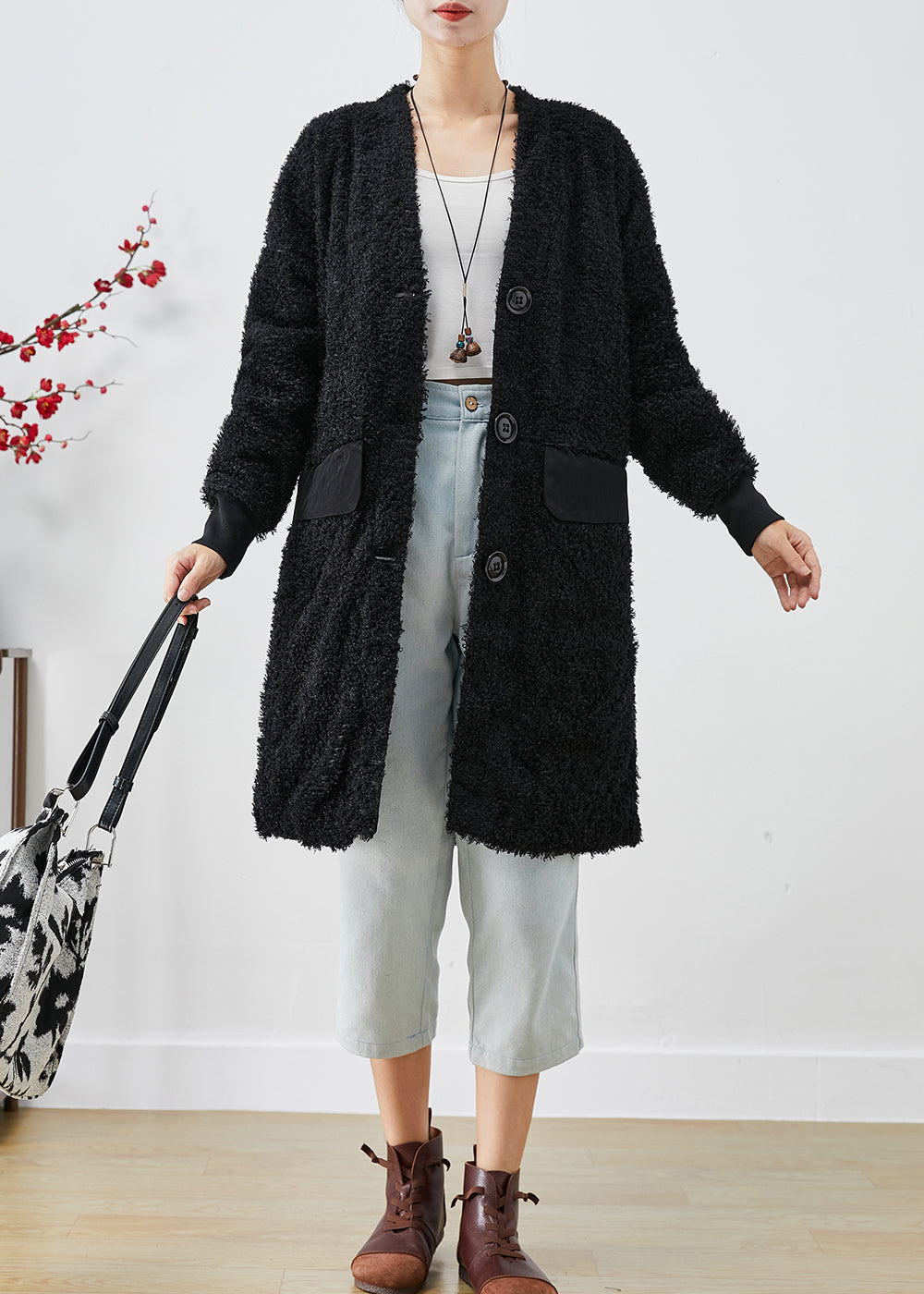 Black Oversized Patchwork Faux Fur Teddy Coat Fall