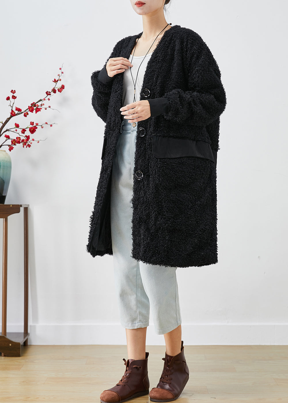 Black Oversized Patchwork Faux Fur Teddy Coat Fall