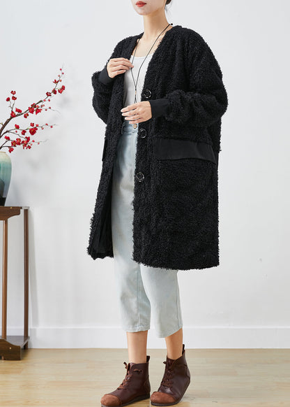 Black Oversized Patchwork Faux Fur Teddy Coat Fall