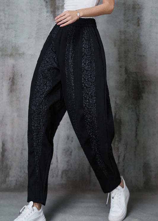 Black Oversized Patchwork Jacquard Cotton Pants Spring