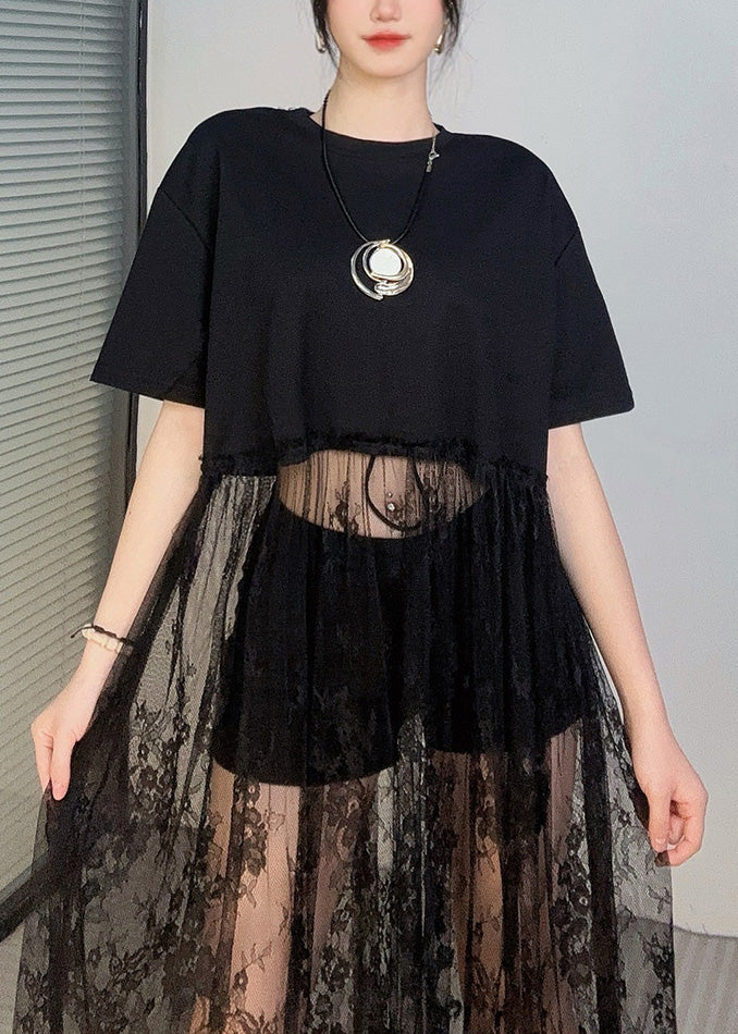 Black Oversized Patchwork Lace Robe Dresses Summer
