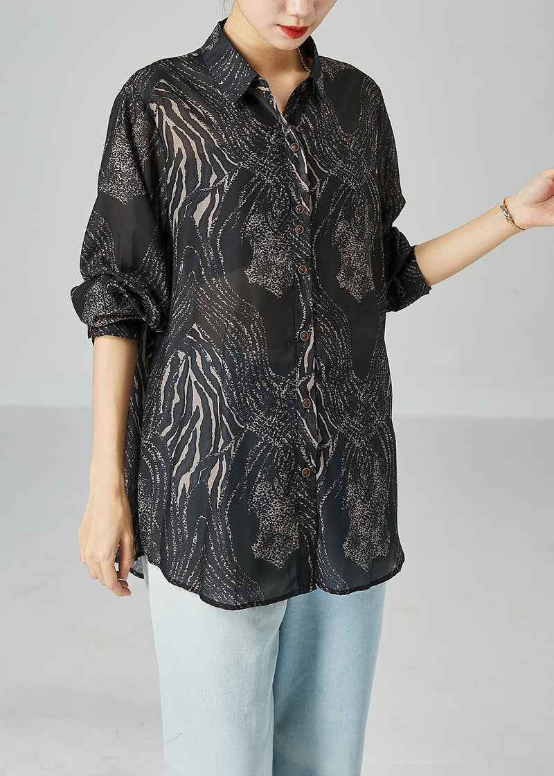 Black Oversized Print Chiffon Blouse Tops Summer