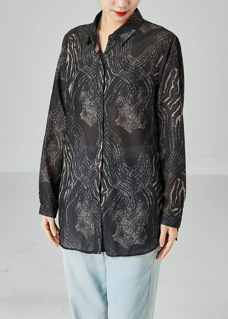 Black Oversized Print Chiffon Blouse Tops Summer