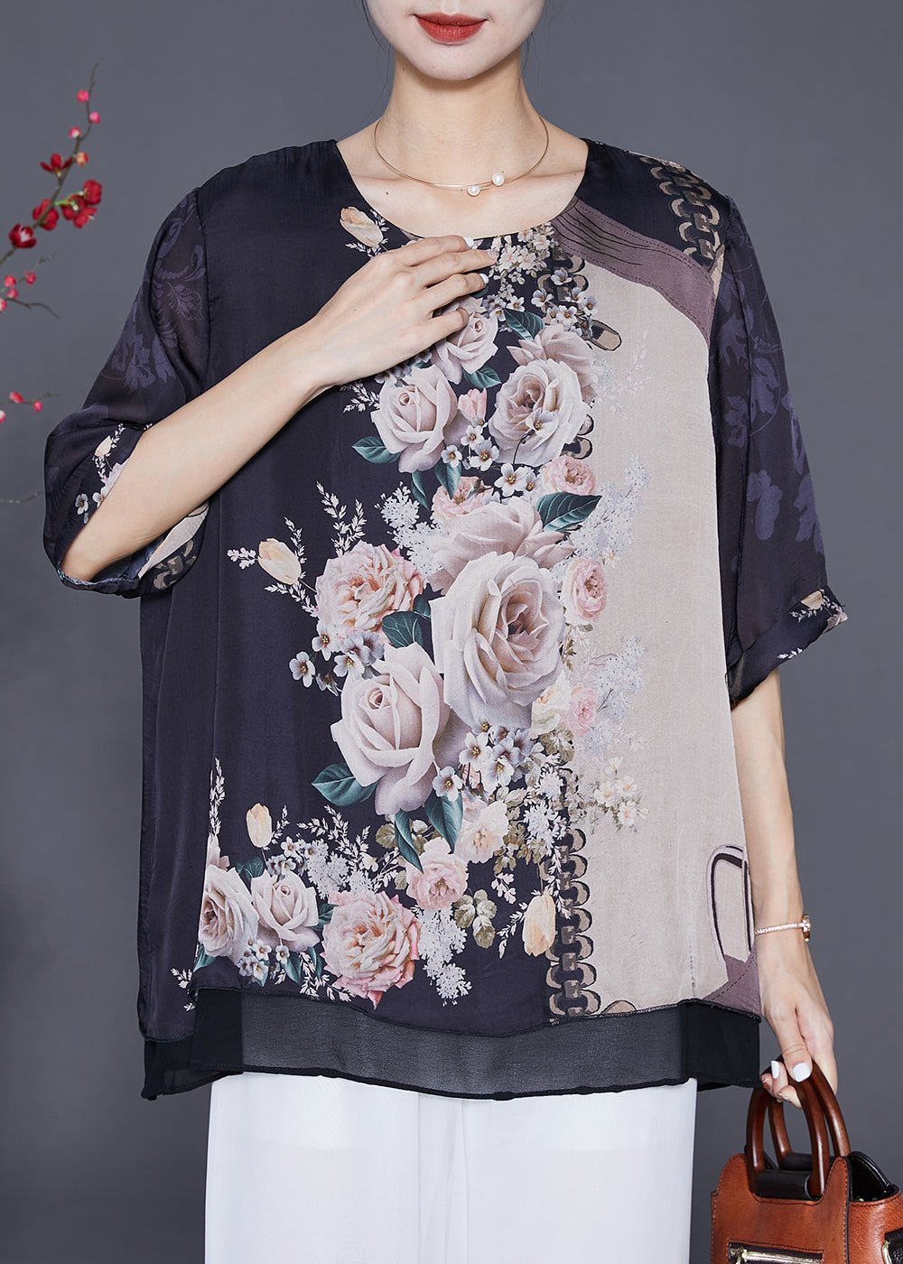 Black Oversized Print Chiffon Fake Two Piece Blouse Tops Summer