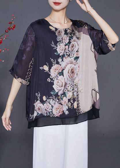 Black Oversized Print Chiffon Fake Two Piece Blouse Tops Summer