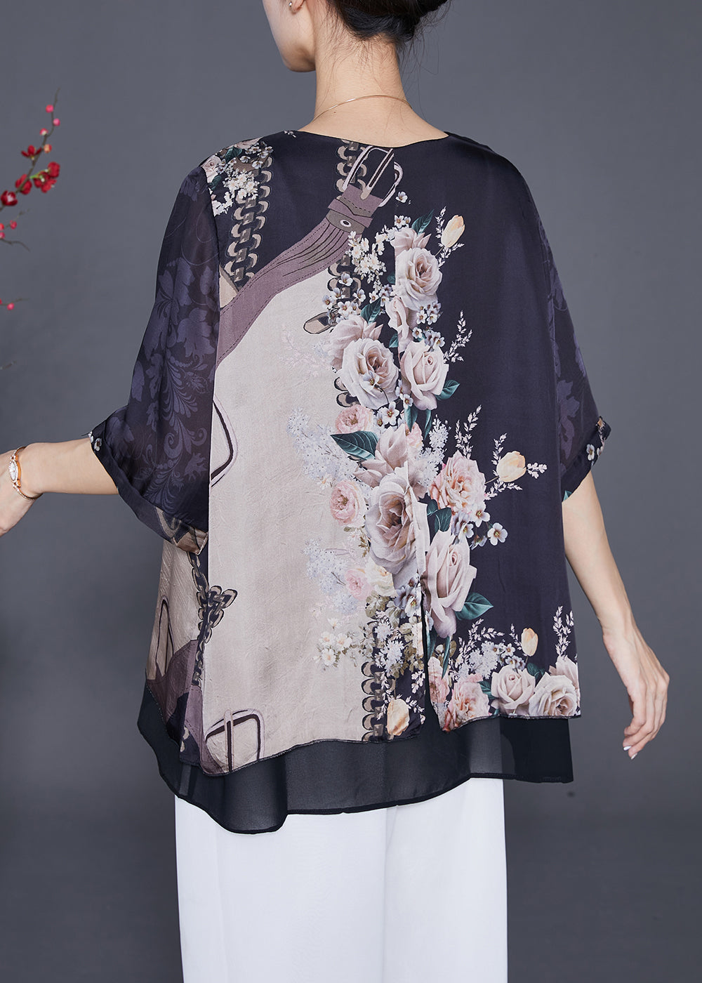 Black Oversized Print Chiffon Fake Two Piece Blouse Tops Summer