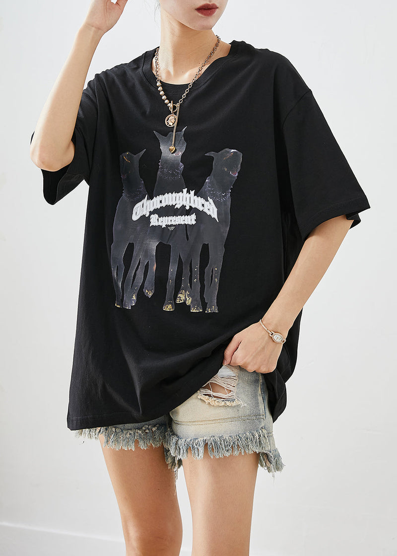 Black Oversized Print Cotton Tops Summer