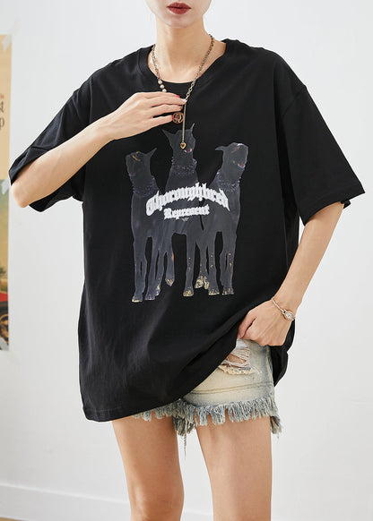 Black Oversized Print Cotton Tops Summer